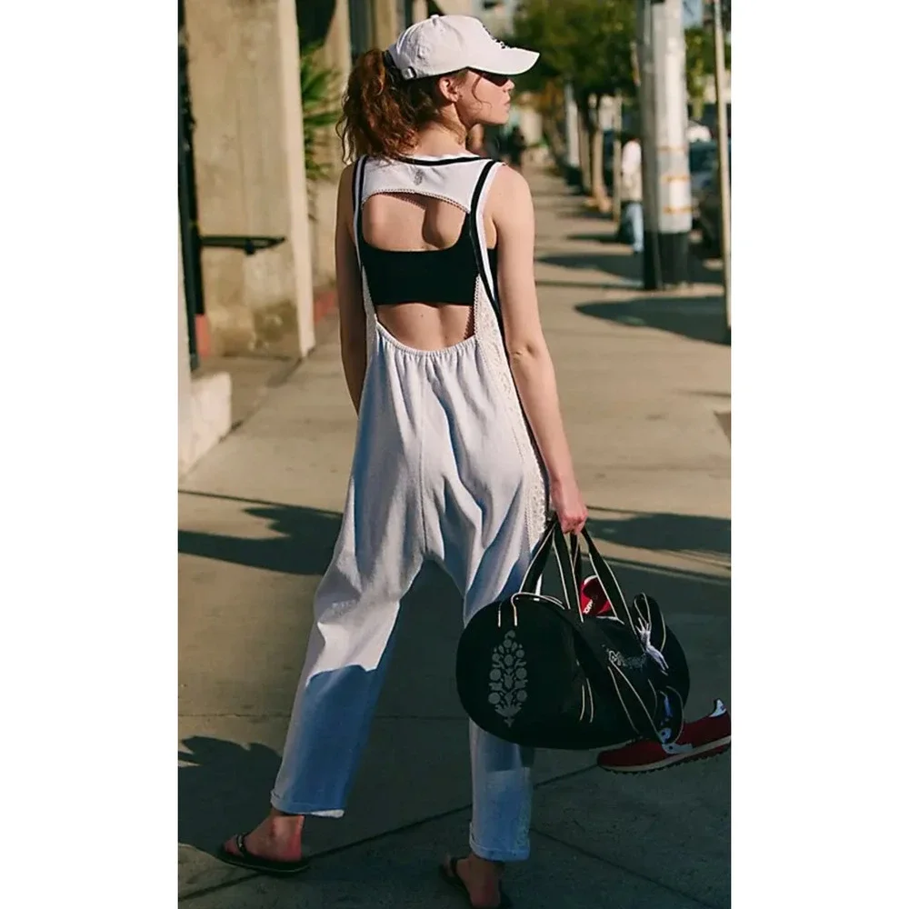 FREE PEOPLE FP MOVEMENT HEATHER GREY WHITE LACE DAY TRIP ONE PIECE JUMPSUIT SZ L
